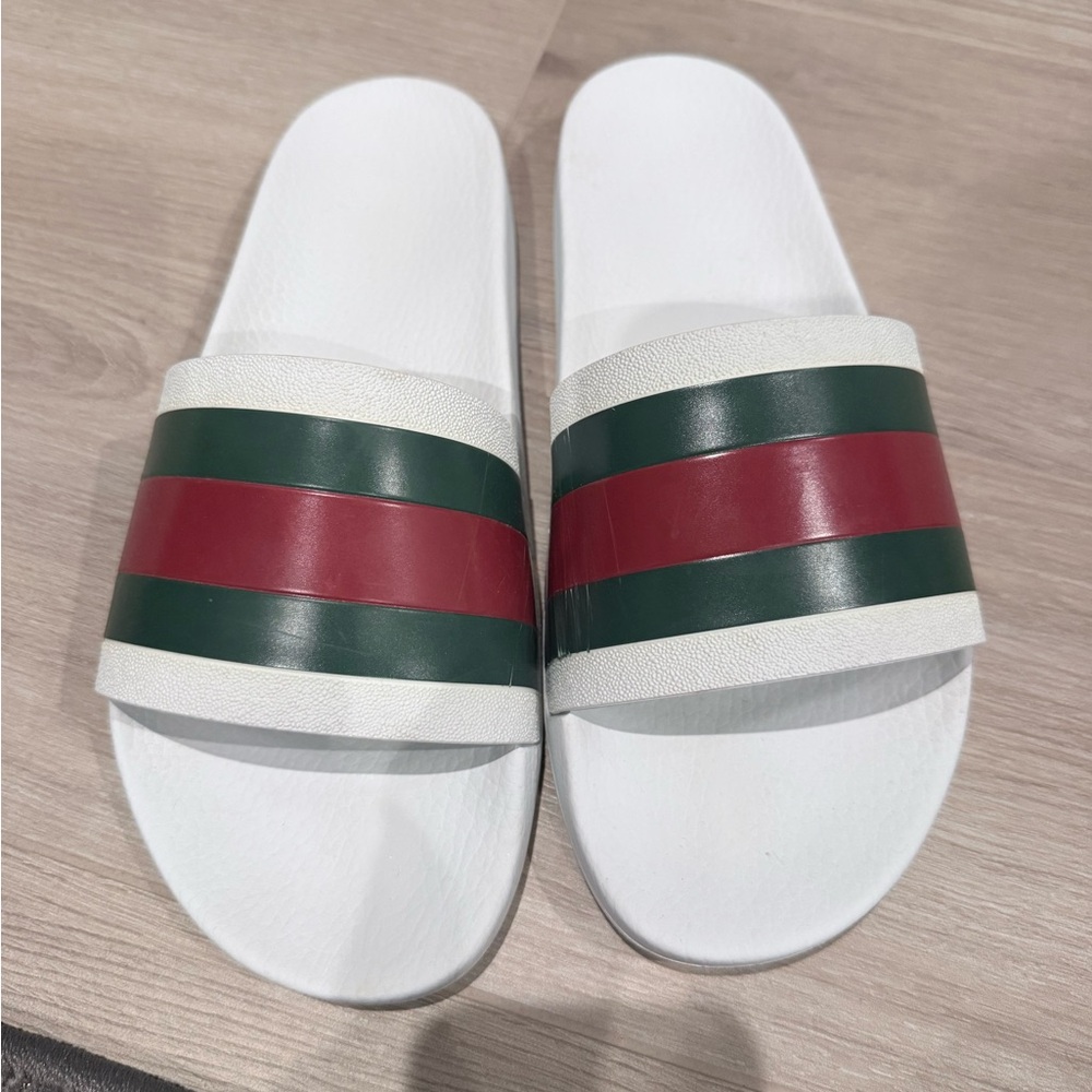 Gucci White Slides with Green and Red Striped Band